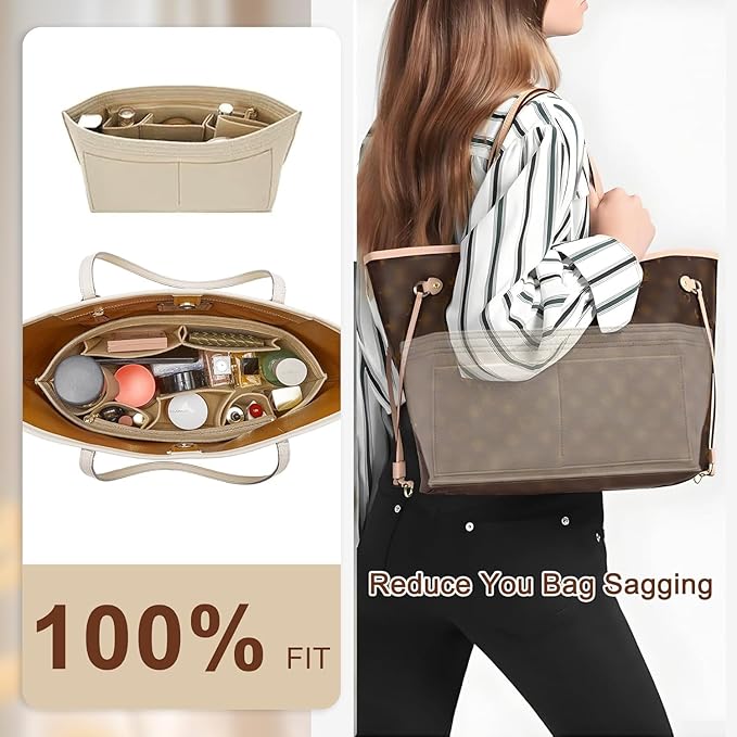 Purse Organizer Insert Compatible with Neverfull GM and More, Felt Zipper Bag Insert Liner with Base Shaper for Women Tote Handbags, Beige, XL