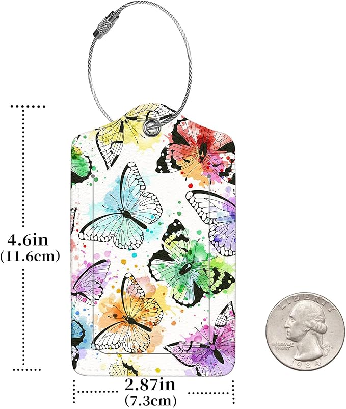 2 Pcs Luggage Tags for Suitcase, Cute Unique PU Leather Travel Bag Tag with Privacy Cover ID Label Address Card and Durable Metal Ring Suitable for Men Women Children Backpack,Colored Butterfly A
