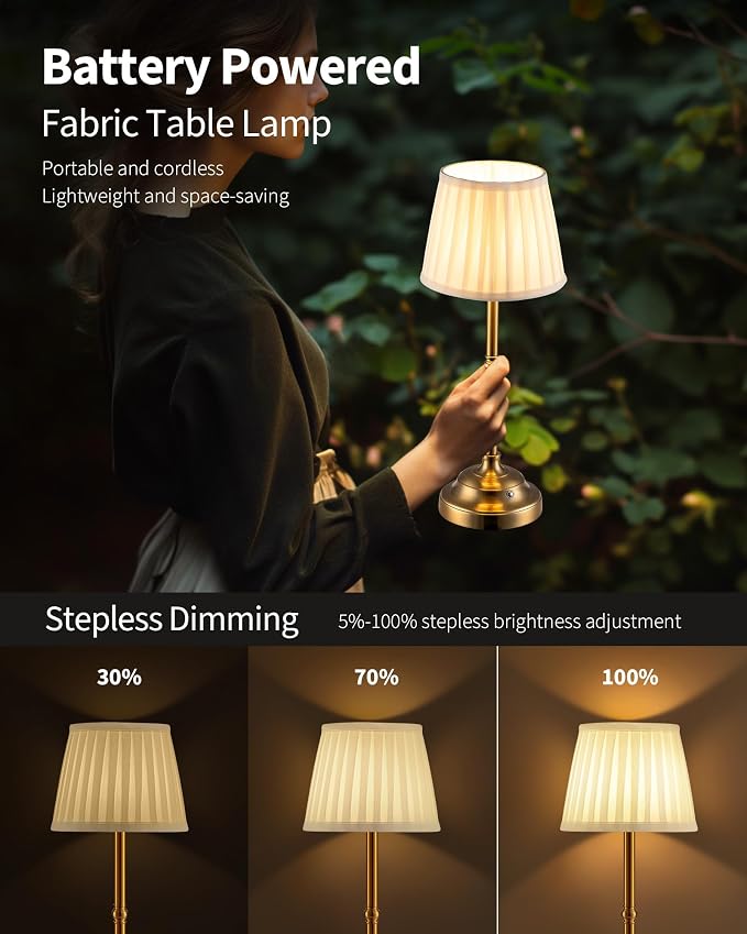 KDG Gold Cordless LED Table Lamps Set of 2, Beige Fabric Shade Desk Lamps | Portable 4000mAh Rechargeable Battery Powered, Dimmable Lighting for Dining Room, Bedroom, Bedside, Night Light, Balcony