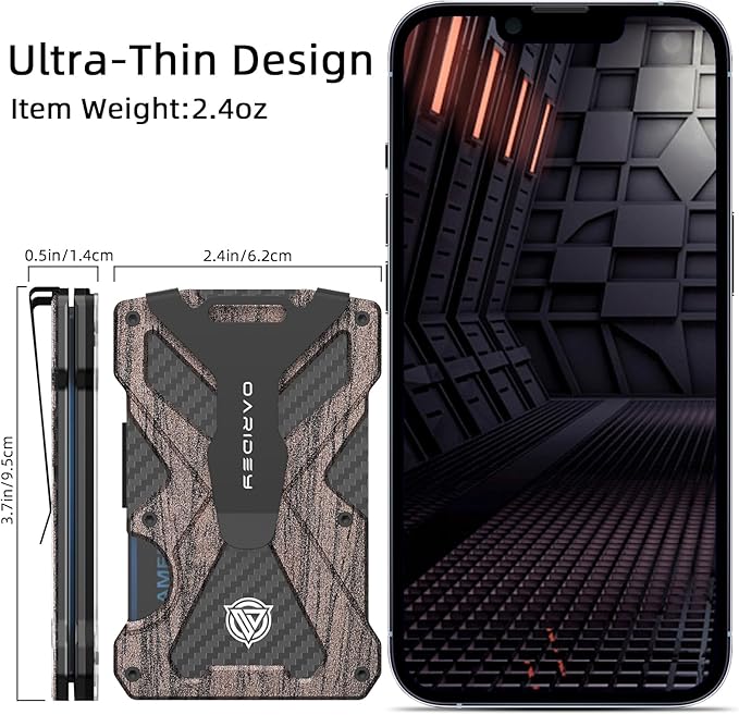 Minimalist Wallet for Men- Slim Aluminum Metal Money Clip Wallet with Clear ID Card Holder, Carbon Fiber Wallet, RFID Blocking,Holds up 15 Cards with Cash Clip,Ultra-Thin Tactical Wallet - Walnut Wood