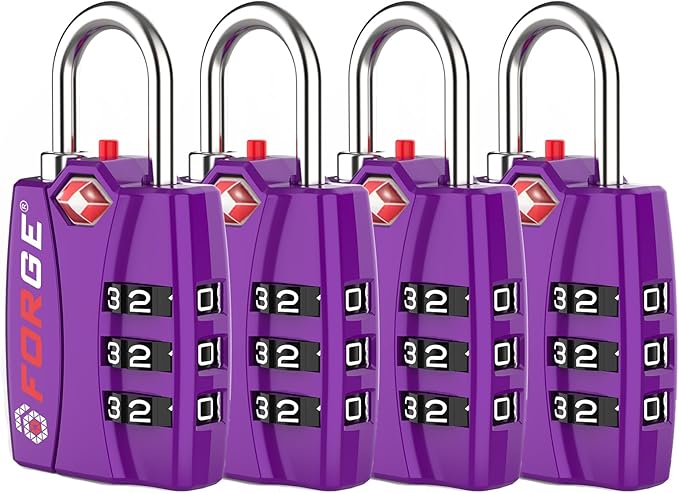 Forge Open Alert TSA Approved Luggage Locks - 3 Digit Combination, Easy Read Dials, Zinc Alloy Body - Ideal Travel Lock for Luggage, Suitcases, Bags & Toolboxes (Purple 4 Locks)