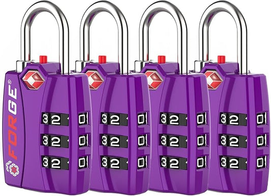 Forge Open Alert TSA Approved Luggage Locks - 3 Digit Combination, Easy Read Dials, Zinc Alloy Body - Ideal Travel Lock for Luggage, Suitcases, Bags & Toolboxes (Purple 4 Locks)