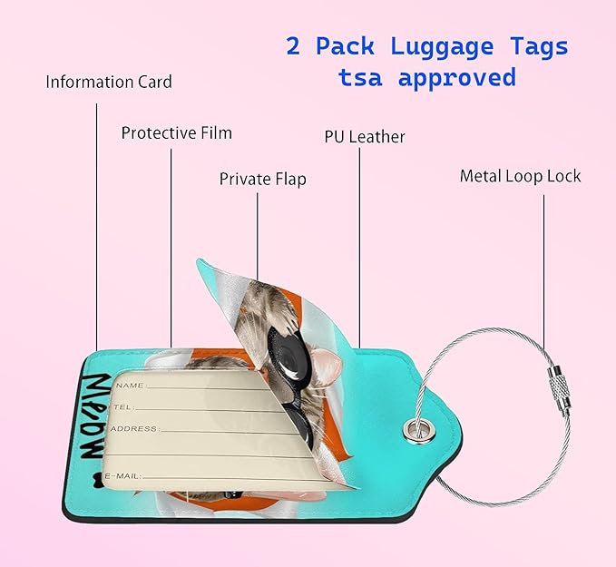 2 Pack Cute Cat Luggage Tags for Kids Girls Women Travel Funny Animal with Sunglasses Print on PU Leather Bag Tags Accessories Privacy Cover ID Label with Stainless Steel Loop for Backpack Suitcase