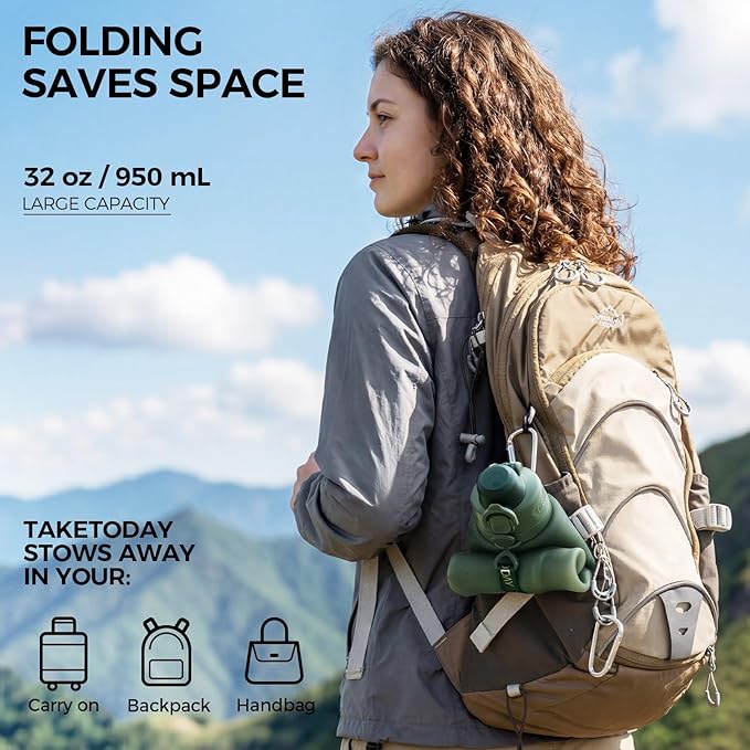 TakeToday Collapsible Water Bottles 32oz, Foldable Travel Bottle, TSA-Approved Leakproof Newly Silicone Water Bottle for Hiking, Travel, Outdoors, Blue