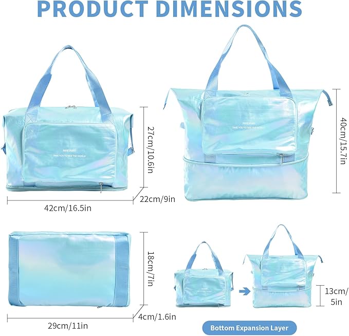 IwIeIaIrI Weekender Overnight Bags for Women Men,Waterproof Lightweight Foldable Gym Duffel Dance Bag for Girls Kids Women Weekend Travel with Laser Color (Blue)