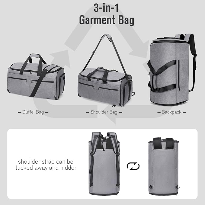 Bukere Carry on Garment Bag for Travel, Convertible Travel Duffel Suit Bag with Backpack Straps, Shoe Compartment, 3 in 1 Weekender Suit Bag for Men Women
