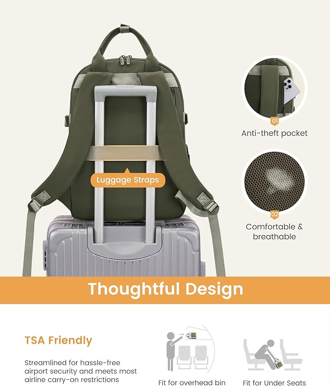 LOVEVOOK Laptop Backpack for Women - Stylish Work Backpack with Large Cup Holder, Waterproof College Teacher Backpack, Green, 18Inch