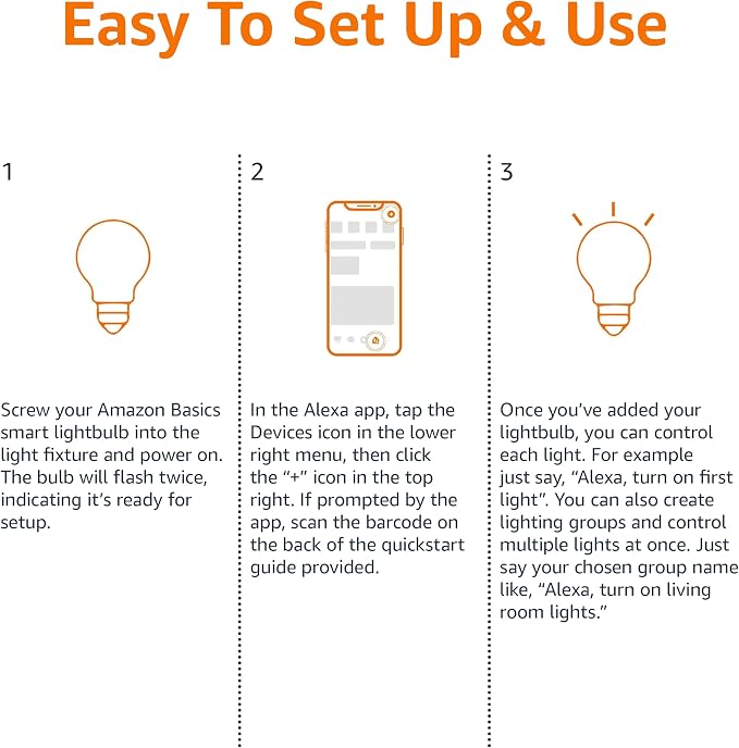 Amazon Basics Smart A19 LED Light Bulb, Dimmable Soft White (2700K), 9W (60W Equivalent), 800LM, Works with Alexa Only, Energy Efficient, 2.4 GHz Wi-Fi, No Hub Required, 1-Pack
