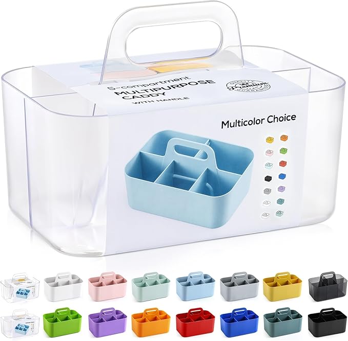 Multiuse Caddy Organizer with Handle, Portable Plastic Tote Bin - Art Craft, Stationary Pen Marker Crayons, Makeup Hair Supplies Storage - Bathroom, Classroom, Dorm, Office, Desk Holder -Frosted Clear