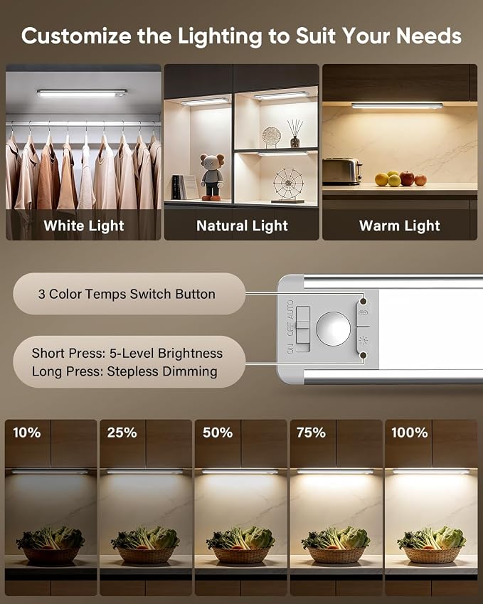 MCGOR 3 Pack 14.7inch Under Cabinet Lighting, Rechargeable Motion Sensor Light Indoor with 3 Color Temps, Dimmable Magnetic Led Closet Lights, Wireless Under Counter Lights for Kitchen, Stairs