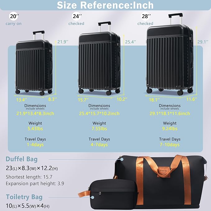 Merax 3 Piece Luggage Sets, Hardside Lightweight Carry on Suitcase,Durable Expandable Luggage with Travel Bags Spinner Wheels and TSA Lock,Black