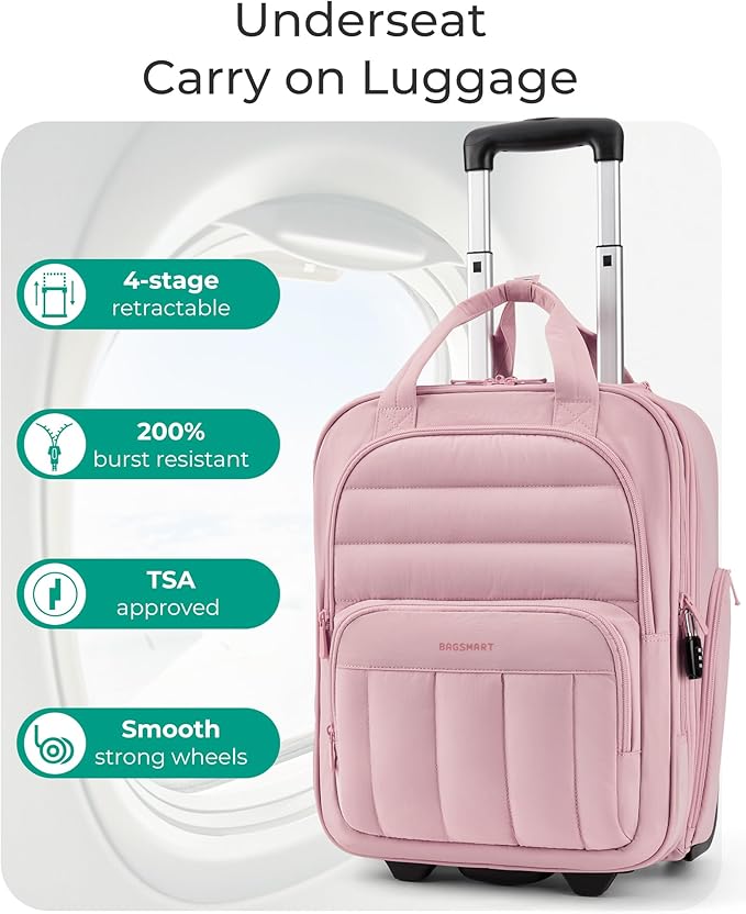 BAGSMART Small Underseat Carry on Luggage with Wheels, 16 inch Small Under Seat Luggage, Lightweight Travel Suitcase for Women, Baby Pink