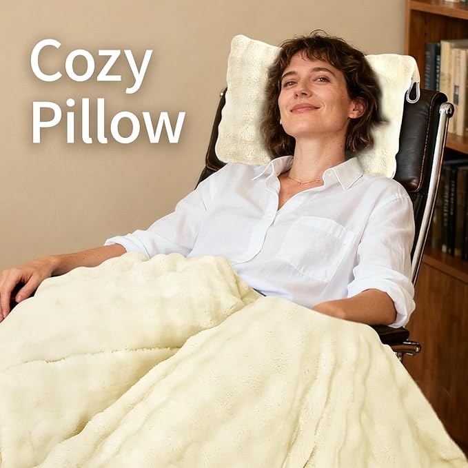 Travel Blanket and Pillow-2-in-1, Ultra-Soft&Compact, Airplane Blanket with Hand Luggage Belt and Backpack Clip,Travelers Accessories Gifts, 61x43 Inches（White）