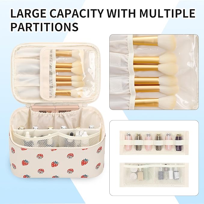 OCHEAL Makeup Bag,Travel Makeup Organizer Bag, Large Capacity Cosmetic Bags For Women Large Travel Toiletry Bag Girls Traveling With Brush Slot And Divider-PU Strawberry