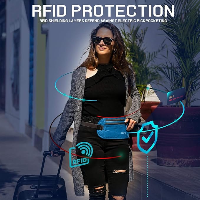 Money Belt For Travel – RFID Blocking Waist Pouch Passport Holder Wallet Belt – Waterproof Hidden Travel Fanny Pack For Men & Women – Secure, Lightweight, Adjustable Strap – Blue
