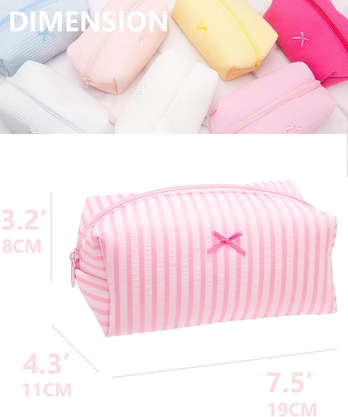 6PCS Cozy Makeup Bag Small Aesthetic Travel Zipper Cosmetic Pouch for Women Make Up Beauty Accessories Brushes, Stripe Cute Pink