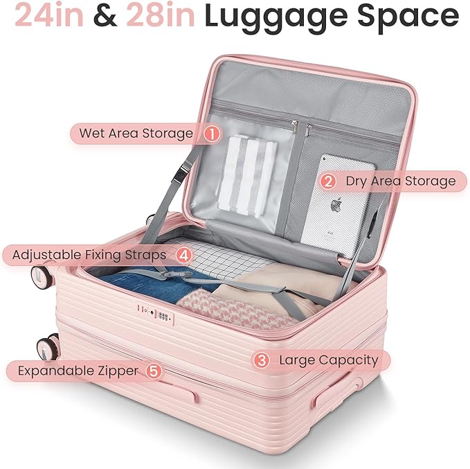 3 Piece Luggage Set 100% PC Hardshell, Front Opening Expandable Suitcase (20/24/28) with Laptop Compartment & Free Custom PVC Covers, Trunk Style Lightweight Spinner Wheels TSA Lock (Pink)