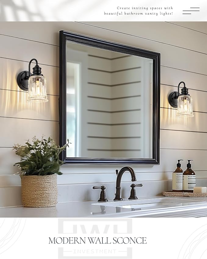Black Wall Sconces, HWH Rustic Industrial Wall Lamps, 1-Light Sconces Wall Lighting with Bell-Shaped Clear Glass, Bathroom Vanity Light Fixture for Bedroom Living Room Kitchen, 5HZG106B BK