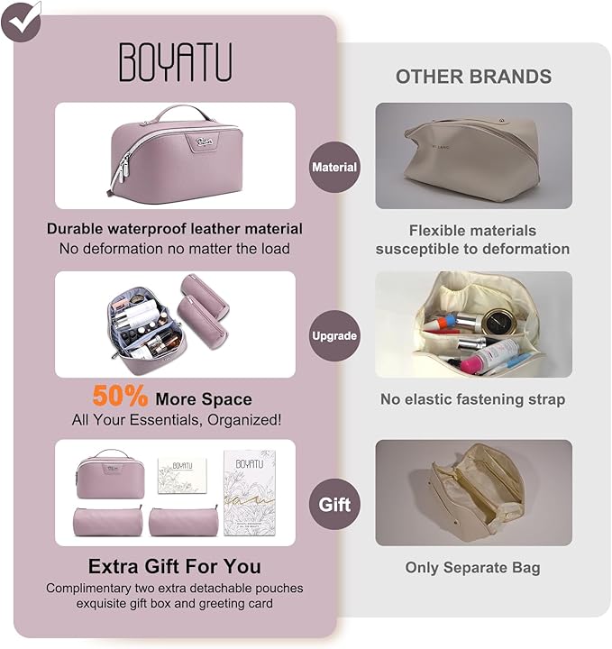 BOYATU Travel Makeup Bag Cosmetic Bags for Women: Large Capacity 3 Pcs Set Make up Bag with Compartments - Waterproof Vegan Leather Toiletry Organizer Bags with Handle (L28Purple)