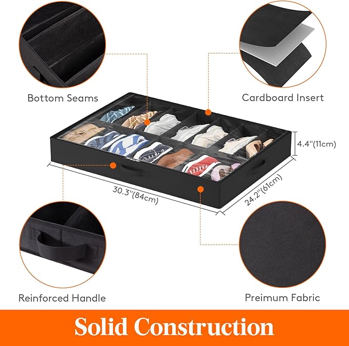 Lifewit Under Bed Shoe Storage Organizer 4 Pack(2x14 Pairs+2x4 Pairs), 4.3" Tall Fabric Shoes Container Box, Foldable Closet Shoe Bag with 2 Reinforced Handles and Clear Cover, Black