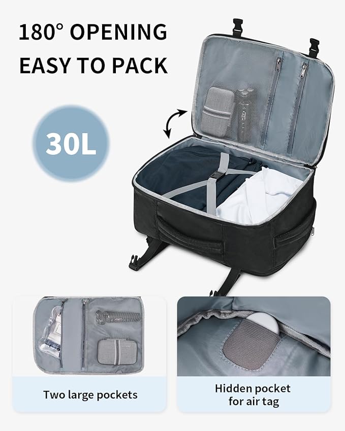 ECOHUB Travel Backpack for Men, 18x14x8 Spirit Airlines Personal Item Bag with Clear Toiletry Bag, Laptop Carry on Backpack with USB Port, Airline Approved Under Seat 14 Pockets 30L, Black