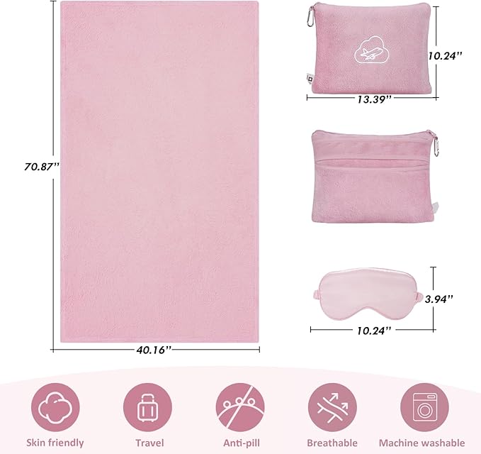 Travel Blanket, Airplane Blanket, Ultra-Soft, Warm & Lightweight, 65x40 in, Outdoor Blanket Essentials for Women, Men & Kids, Included Eye Mask, Luggage Sleeve & Backpack Clip Pink