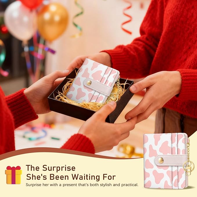 Jogjam Pink Cow Print Rfid Women Wallet, Small Slim Thin Credit Card Wallet, PU Leather Bifold Cash Zipper Coin Pocket ID Window for Female Ladies Teen Girls Girly