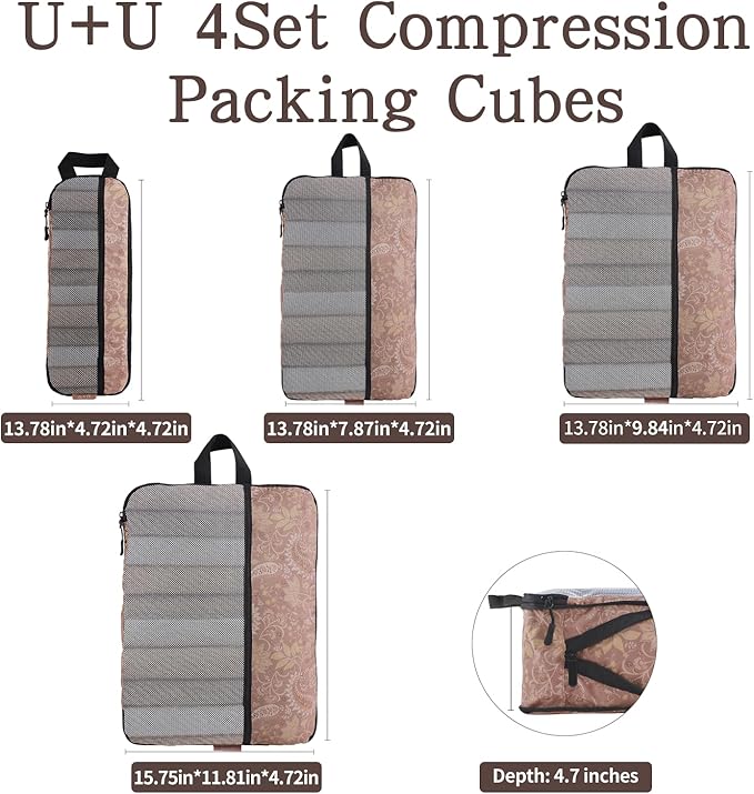 U+U 4 Set Compression Packing Cubes - Ultralight Travel Organizers, Space-Saving Suitcase Organizer, Expandable Packing Cubes for Travel and Family Vacation (Paisley Pattern)