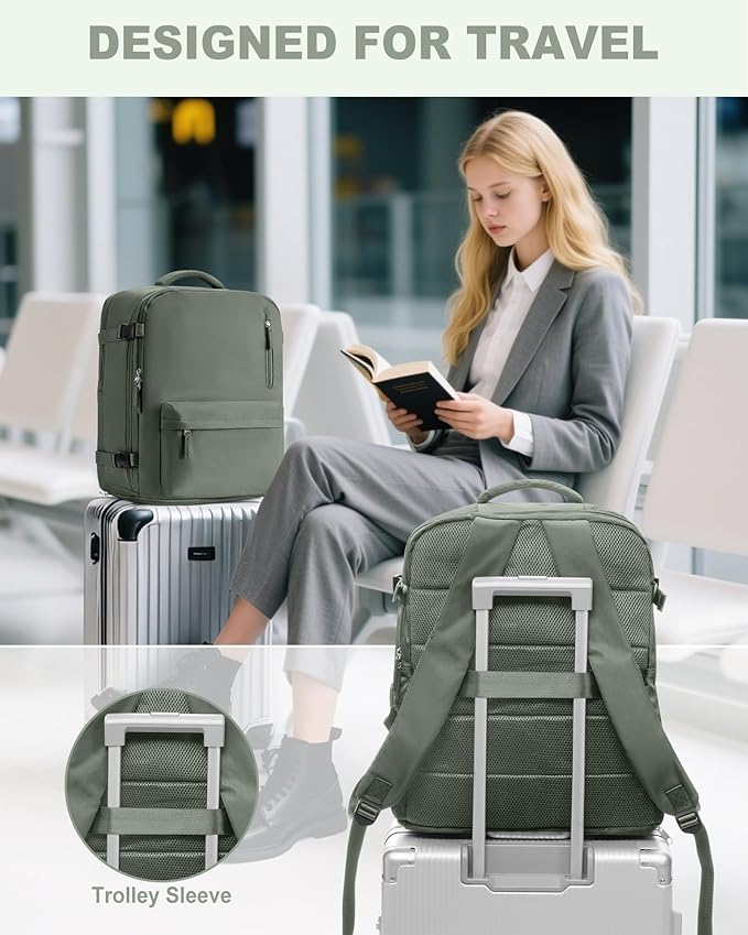VECAVE Travel Backpack for Women, Airline Flight Approved Carry On Backpacks Waterproof 14 Inch Laptop Backpack with Shoe Compartment Casual Daypack Green