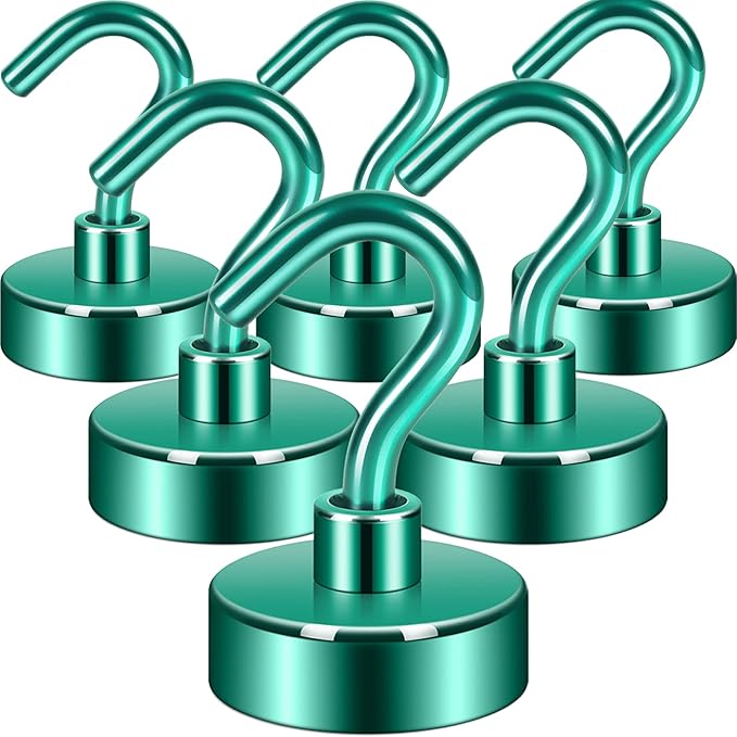 Neosmuk Magnetic Hooks,Heavy Duty Earth Magnets with Hook for Refrigerator, Extra Strong Cruise Hook for Hanging, Magnetic Hanger for Cabins, Grill (Green, 6 Pack)