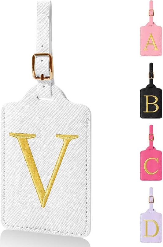 Personalized Initial Luggage Tags for Suitcases,Leather Letter Cute Luggage Tags with Privacy Name Card,Embroidered Monogrammed Travel Bag Backpack Tag Gifts for Women Kids Girls Teens(White-V)