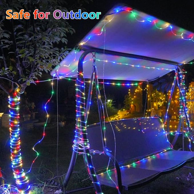 QITONG Solar Rope Lights Outdoor Waterproof, 2 Pack Each 33ft 100 LED Multicolor Trampoline Lights, Fairy Lights in Clear Thin Tube with 8 Modes