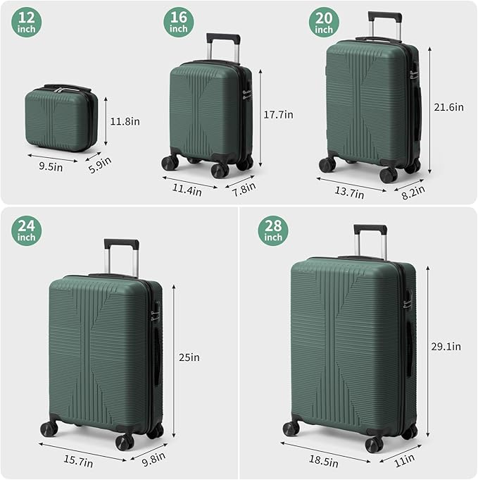 Karl home Luggage Sets 5 Piece, PP Hard Case Suitcase Set with Built-in Lock Spinner Wheels, Lightweight Durable Carry on Luggage for Business Travel - Dark Green (12/16/20/24/28")