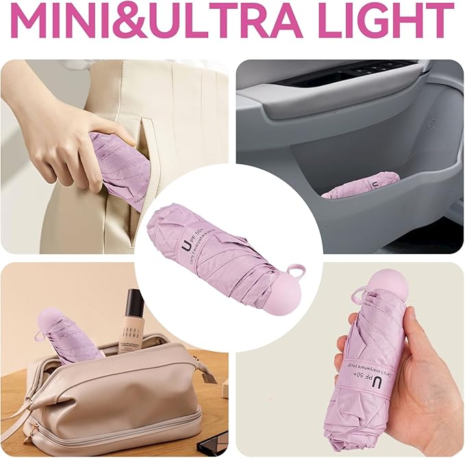 Mini Umbrella for Travel, Compact Folding Umbrella with Case, Lightweight 0.45lb Small Pocket for Backpack and Purse, Rain and Sun Protection - UPF 50+ Windproof Travel Umbrella Compact Mini for Outdoor Use