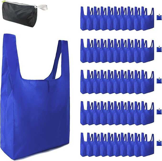 BeeGreen Blue Reusable Grocery Bags Wholesale Royal Reusable Kitchen Bags Bulk Foldable-Machine Washable with Zipper Storage Pouch 50 Packs