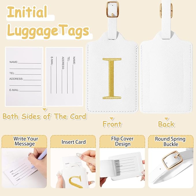 Initial Letter Luggage Tags for Suitcases, Embroidered Monogrammed Suitcase Luggage Identifier Name Tag, PU Leather TSA Approved Luggage Tags, Bag Tags for Men Women Kids Luggage Handbags(White I)