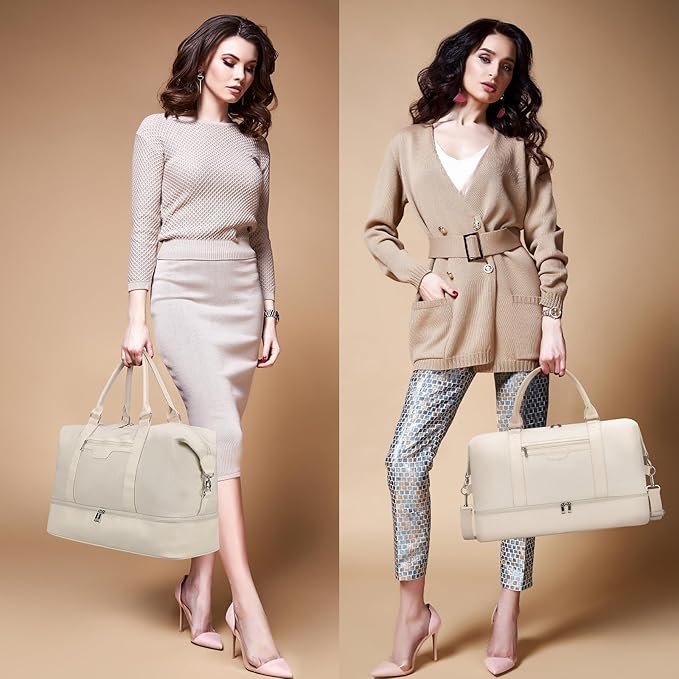 Oeihuivt Weekender Bags for Women - 21 Inch Large Travel Duffel Bag 2-Piece Set with Shoe Compartment, Heavy-Duty Canvas Leather Carry On Overnight Tote