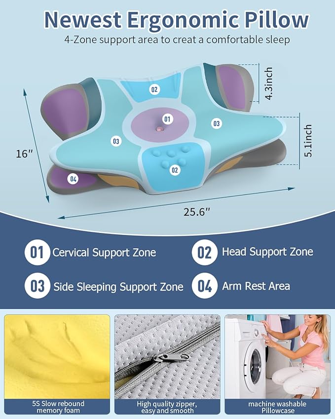 Cervical Neck Pillow for Pain Relief - Ergonomic Side Sleeper Pillow for Neck Support, Orthopedic Memory Foam Pillows for Sleeping, Contour Cervical Pillow Bed Pillow for Back Stomach Sleepers