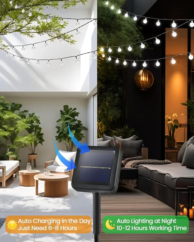 Solar String Lights Outdoor Waterproof 2 Pack 120 LED 72FT Patio Lights | White Crystal Globe, 8 Lighting Modes, Auto On/Off, Solar Powered String Light for Outside Yard Wedding Party Decorations