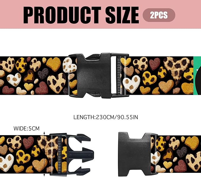 Nuxovilar Luggage Straps of 2 Set Leopard Print Hearts Pattern, 1.96x90.5 inches - Luggage Straps for Suitcases, Great for Travel, Romantic Trips, Daily Use