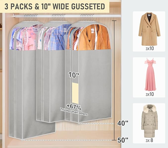 MISSLO 10" Gusseted Garment Bags for Hanging Clothes 40"+50" Clear Suit Bags for Closet Storage Dress Bag for Gowns Long Coat Protector, 3 Packs, Grey