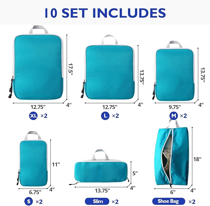 Compression Packing Cubes, 10 Set Packing Cubes for Travel Compression, Lightweight Compressible Package Organizer for Carry On and Suitcases, DustyBlue and Grey