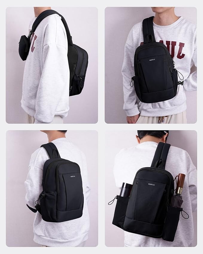 ECOHUB Anti-Theft Crossbody Bag Men Women, RFID Blocking Lightweight Sling Backpack Eco-Friendly with 9 Pockets Sturdy SBS Zippers Water Resistant for Travel Work Hiking Outdoor, Black