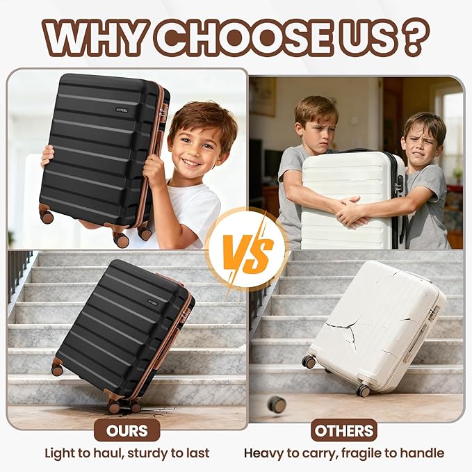 Hoteel Luggage Sets 3 Piece, 4-Year Warranty, Carry-On Luggage with Dual-Spinner Wheels, ABS Hard Shell Suitcase with TSA Locks, 20 Inch Lightweight Luggages for Travel, Black(20IN/DB/TB)