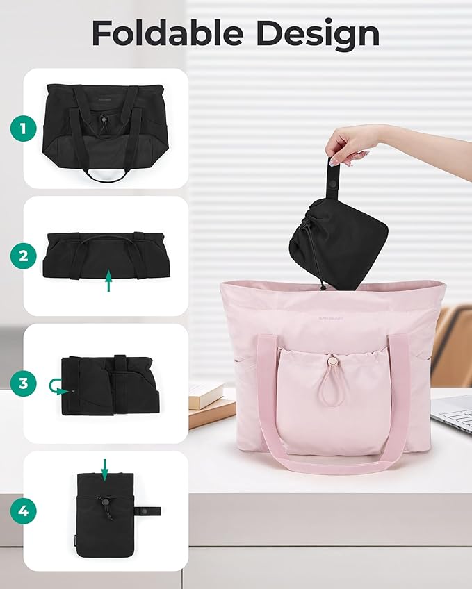 BAGSMART Foldable Tote Bag with Drawstring Bag, Large Tote Bag Shoulder Bag Top Handle Handbag for Travel, Work, Beach, Gym
