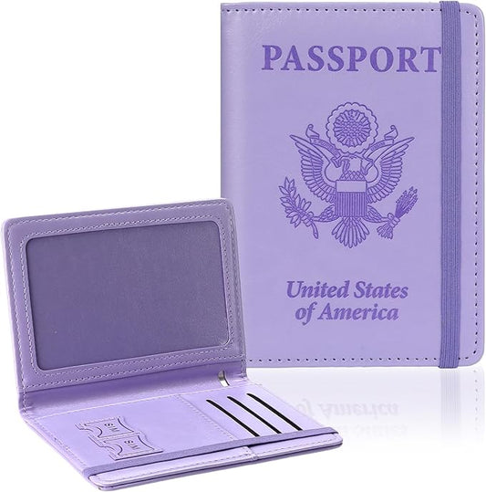 Passport Holder for Travel, RFID Blocking Passport Cover with Pen Holder Leather Passport Wallet Case Travel Must Haves Accessories Passport Book Card Holder for Family Travel Essentials Gifts, Purple