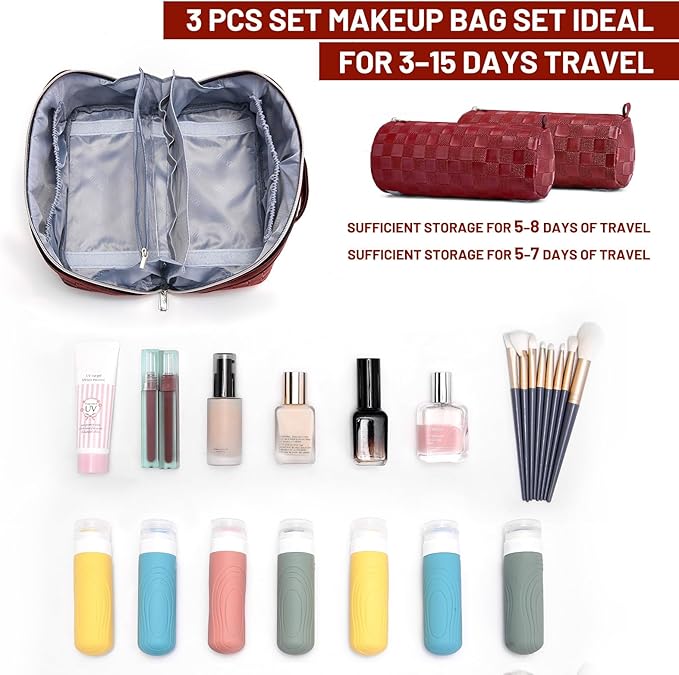 BOYATU Travel Makeup Bag Organizer: 3 Pcs Set Large Capacity Cosmetic Bags Holds 10–20 100ml Full-Size Bottles - 180°Open-Flat Make up Case 3-sec touch-up - Toiletry Bag Gift women (03-A-Red)