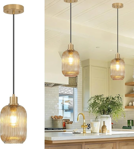 1 Pack Pendant Lights with Vintage Amber Ribbed Glass Lampshade, Adjustable Brushed Gold Pendant Lights Fixtures for Kitchen Island Lighting Sink, Dining & Living Room Hallway (Bulbs Not Included)