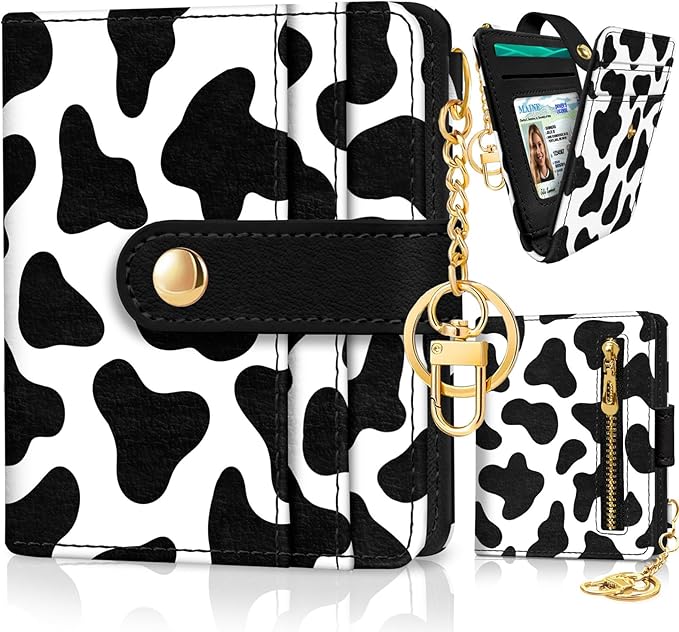 Jogjam Cow Print Rfid Women Wallet, Small Slim Thin Credit Card Wallet, PU Leather Bifold Cash Zipper Coin Pocket ID Window for Female Ladies Teen Girls Girly