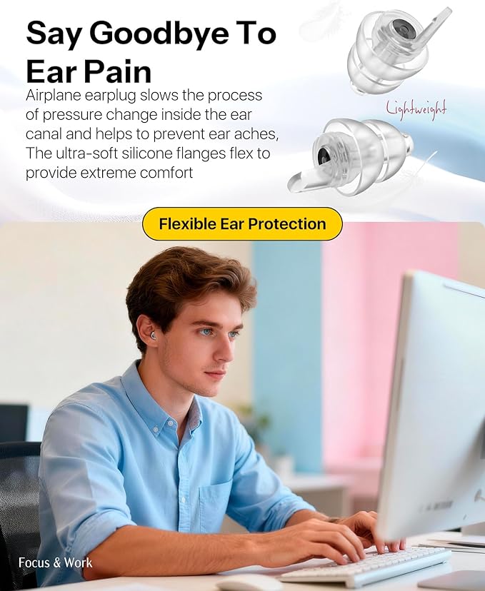 Airplane Ear Plugs Pressure Relief Earplugs 2 Pairs, Prevent Ear-Pain & Reduce Noise 25dB - Flight Essentials, Reusable Soft Plane Earbuds for Adult/Kids 12+, Travel Ear Protection Air Plugs